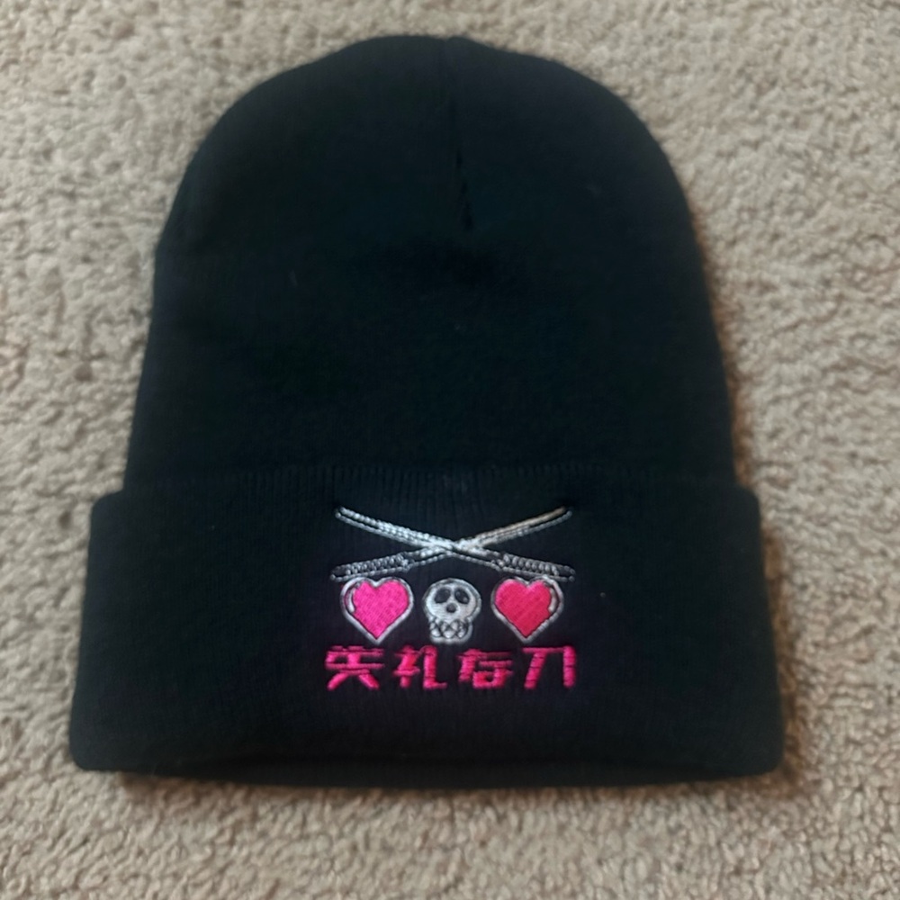 NEW Black Beanie with Pink Heart Design